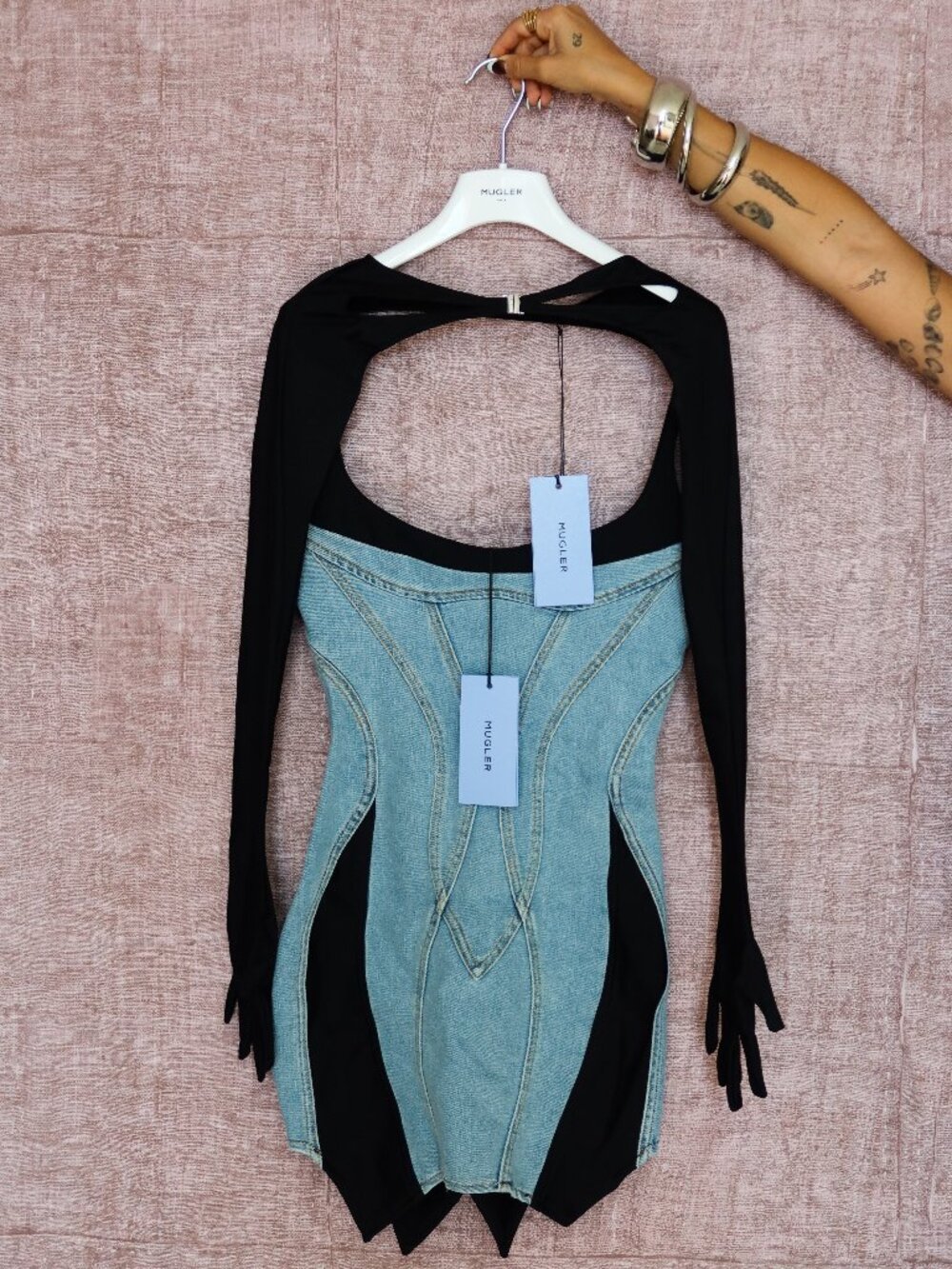 Mugler Denim Corset Mini Dress + Matching Gloves Set